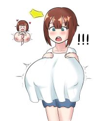 big_breasts blue_eyes braless breast_expansion brown_hair chibi gigantic_breasts huge_breasts kousaka_yukiho love_live! love_live!_school_idol_project short_hair shorts t-shirt tagme text tokidokisuiyobi topless