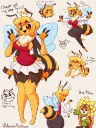 2girls 4_arms abdomen antennae bee bee_girl blush breasts flower fluffy fur hands_on_face hips honey insect insect_girl insect_wings jasminthemanticore peace_sign smile tagme thick_thighs thighs