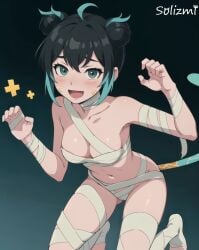 ai_assisted ai_generated bandage buns claw_pose dark_hair green_eyes halloween halloween_costume kneeling mobile_legends mobile_legends:_bang_bang mummy mummy_costume smile soliz tail twin_buns two-tone_hair wanwan whisker_markings