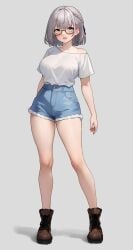 1girls bluefield booty_shorts breasts denim_shorts female glasses green_eyes hololive hololive_fantasy hololive_japan huge_breasts jean_shorts light-skinned_female light_skin shirogane_noel short_hair short_shorts shorts solo thighs virtual_youtuber white_hair