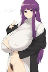 aizawa_marimo blunt_bangs breasts dress dress_lift female fern_(sousou_no_frieren) highres large_breasts lifted_by_self long_hair no_panties parted_lips pubic_hair purple_eyes purple_hair solo sousou_no_frieren thighs white_dress