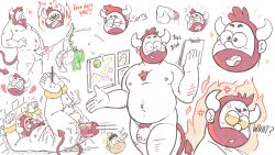 2_horns absurd_res anthro beard belly bodily_fluids cum digitslayer duo english_text facial_hair genital_fluids genitals hair hi_res horn horned_humanoid humanoid humanoid_genitalia humanoid_penis male male/male penis pubes red_beard red_hair red_pubes red_tail solo tail tailed_humanoid text