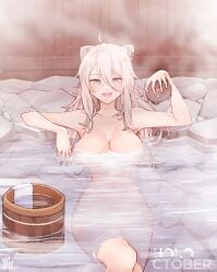 animal_ears artist_signature bathing big_breasts bucket censored ear_clip fangs female female_only gray_eyes grey_eyes holoctober hololive hololive_gen_5 hololive_japan hot_spring large_breasts lion_ears lion_girl long_hair looking_at_viewer lounging ma_draws mascot naked naked_female nude nude_female partially_submerged relaxing shishiro_botan smiling solo solo_female steam virtual_youtuber water water_censor white_hair