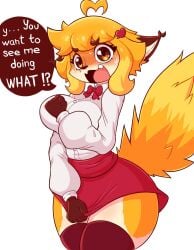 blush covering_breasts ear fluffy_ears fluffy_hair fluffy_tail flustered fox fox_girl furry hair hips jasminthemanticore long_tail pulling_down_skirt suggestive tagme tail thick_thighs