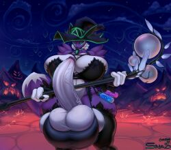 3_fingers anthro balls bandai_namco big_balls big_breasts big_penis black_sclera breasts canid canine claws clothing digimon digimon_(species) fingers fox fur futanari green_eyes halloween hat holidays huge_balls huge_breasts huge_cock hyper hyper_balls hyper_genitalia hyper_penis intersex mammal penis potion purple_body purple_fur renamon snao solo staff tail thick_thighs vein veiny_penis white_body white_fur wide_hips witch_hat