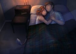 bed bedroom candle candles changeling_tale closed_eyes cow_ears cow_girl cow_horns cow_tail cow_transformation cuddling female game_cg little_napoleon malcolm_(changeling_tale) male marion_(changeling_tale) sleeping sleeping_on_partner sleeping_together tail_growth transformation