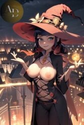 ai_depravaty_(artist) ai_generated areolae breasts marinette_cheng marinette_dupain-cheng miraculous_ladybug nipples smile tagme witch_costume witch_hat