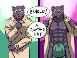 abs anthro bodily_fluids clothing coat fingers fruitz fur genital_fluids hat headgear headwear male male_only mammal muscular muscular_anthro muscular_male open_mouth open_smile pecs precum smile solo topwear trenchcoat whiskers