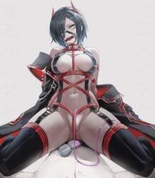 1boy absurdres ass_visible_through_thighs azur_lane ball_gag bare_shoulders black_coat black_hair black_thighhighs bondage breast_strap breasts c-string chinese_commentary cleavage coat collarbone commander_(azur_lane) commentary_request commission crop_top cross cum cum_on_body cum_on_clothes cum_on_legs ear_piercing female gag gagged garter_straps hair_between_eyes hair_ornament hair_over_one_eye head_out_of_frame highres hitachi_magic_wand horns iron_cross jacket large_breasts lin_jingling long_sleeves looking_at_viewer mechanical_horns multicolored_hair navel o-ring off_shoulder pants parted_lips piercing red_horns red_rope restrained rope second-party_source sex_toy shadow shibari_over_clothes shirt short_hair sidelocks simple_background sitting sitting_on_person skindentation sleeveless sleeveless_shirt solo_focus stomach straddling strapless_bottom thighhighs thighs ulrich_von_hutten_(azur_lane) vibrator white_background white_hair white_jacket white_pants white_shirt yellow_eyes