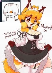 big_breasts blush breasts fluffy fluffy_ears fluffy_hair fluffy_tail furry hips jasminthemanticore lifting_skirt long_tail maid maid_outfit maid_uniform question skirt_lift smile tagme thick_thighs thighhighs thighs