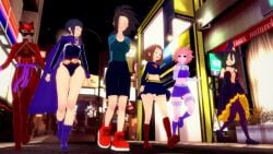 3d 6girls amused ann_takamaki_(cosplay) black_hair black_leotard black_sclera blep blue_jacket blue_skirt brown_hair calf_boots cat_mask city_background crop_top dc_comics green_hair hagakure_tooru_(invisible) halloween invisible_girl izuku_midoriya_(cosplay) koikatsu kyoka_jiro leotard light_skin mina_ashido momo_yaoyorozu my_hero_academia navy_shirt navy_shorts night ochako_uraraka persona persona_5 pink_hair pink_skin purple_belt purple_boots purple_cape purple_hair purple_skirt raven_(cosplay) red_bodysuit red_boots red_shoes shy_smile skirt smiling starfire_(cosplay) supergirl_(cosplay) superman_logo thick_thighs tooru_hagakure_(invisible) tsuyu_asui upskirt white_panties witch_costume witch_hat