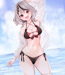 armpits artist_signature belly_button big_breasts bikini black_bikini black_hair blurred_background cleavage fangs full_cleavage gray_hair grey_hair hair_streak happy holoctober hololive hololive_japan holox large_breasts looking_at_viewer ma_draws red_bikini_top red_eyes sakamata_chloe see_through see_through_shirt shoulder_length_hair side-tie_bikini sideboob swimsuit thigh_gap thin_waist two-tone_bikini virtual_youtuber water white_shirt wide_hips