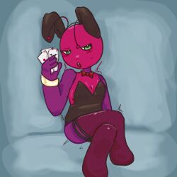 absurd_res anthro anthro_focus bug bugbo bugbo_(bensilly) bunnysuit edited irougaki looking_at_viewer male male_only open_mouth pink_skin poker_cards red_bowtie sitting sitting_on_another stinkycat698