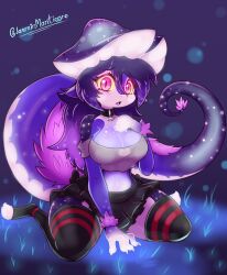 big_breasts blush breasts clawed_fingers claws collar confused confused_look confusion fur glowing hand_on_chest jasminthemanticore lizard lizard_girl long_tail mushroom_cap nervous nervous_face purple_body purple_fur purple_hair purple_skin tagme tail thick_thighs thighhighs thighs