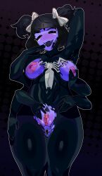 2020s 2023 absurd_res anthro arachnid arthropod big_breasts breasts dcoda female genitals hi_res holding_breast looking_at_viewer marvel muffet multi_arm multi_eye multi_limb open_mouth pubes pussy solo spider symbiote thigh_gap twintails_(hairstyle) undertale undertale_(series)