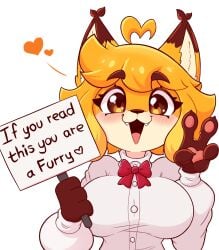 big_breasts blush breasts clothed clothing fluffy fluffy_hair furry furry_only heart jasminthemanticore looking_at_viewer paws peace_sign sign smile smiling smiling_at_viewer tagme