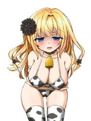 altea_aquila_(jain_no_ikenie) animal_print bell blonde_hair blue_eyes blush breasts cow_print cow_print_bikini cowbell female flower hair_flower hair_ornament highres jain_no_ikenie kneehighs large_breasts leaning_forward long_hair looking_at_viewer open_mouth pompurinpurin pussy_juice shaded_face simple_background socks solo tongue tongue_out white_background