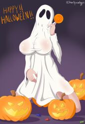 1girl 1girls 2023 artist_name artist_signature bedsheet_ghost big_breasts big_thighs breasts candy costume covered_face english_text fantasy female female_only ghost ghost_costume ghost_girl halloween hidden_face huge_breasts john_apocalypse johnapocalypse light-skinned_female light_skin lollipop original_character pumpkin pumpkins text thick_thighs twitter_username