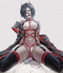 1boy absurdres ass_visible_through_thighs azur_lane ball_gag bare_shoulders black_coat black_hair black_thighhighs bondage breast_strap breasts c-string chinese_commentary cleavage coat collarbone commander_(azur_lane) commentary_request commission crop_top cross cum cum_on_body cum_on_clothes cum_on_legs ear_piercing female gag gagged garter_straps hair_between_eyes hair_ornament hair_over_one_eye head_out_of_frame highres hitachi_magic_wand horns iron_cross jacket large_breasts lin_jingling long_sleeves looking_at_viewer mechanical_horns multicolored_hair navel o-ring off_shoulder pants parted_lips piercing pussy_juice pussy_juice_puddle red_horns red_rope restrained rope second-party_source sex_toy shadow shibari_over_clothes shirt short_hair sidelocks simple_background sitting sitting_on_person skindentation sleeveless sleeveless_shirt solo_focus stomach straddling strapless_bottom thighhighs thighs ulrich_von_hutten_(azur_lane) vibrator white_background white_hair white_jacket white_pants white_shirt yellow_eyes