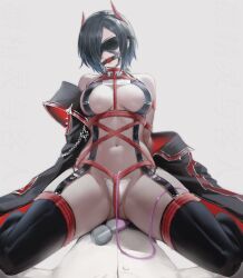 1boy absurdres ass_visible_through_thighs azur_lane ball_gag bare_shoulders black_coat black_hair black_thighhighs blindfold bondage breast_strap breasts c-string chinese_commentary cleavage coat collarbone commander_(azur_lane) commentary_request commission crop_top cross cum cum_on_body cum_on_clothes cum_on_legs ear_piercing female gag gagged garter_straps hair_between_eyes hair_ornament hair_over_one_eye head_out_of_frame highres hitachi_magic_wand horns iron_cross jacket large_breasts lin_jingling long_sleeves looking_at_viewer mechanical_horns multicolored_hair navel o-ring off_shoulder pants parted_lips piercing red_horns red_rope restrained rope second-party_source sex_toy shadow shibari_over_clothes shirt short_hair sidelocks simple_background sitting sitting_on_person skindentation sleeveless sleeveless_shirt solo_focus stomach straddling strapless_bottom thighhighs thighs ulrich_von_hutten_(azur_lane) vibrator white_background white_hair white_jacket white_pants white_shirt yellow_eyes