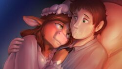 changeling_tale couple couple_(romantic) couple_love cow_ears cow_girl cow_hooves cow_horns cow_nose cuddling game_cg green_eyes little_napoleon love malcolm_(changeling_tale) marion_(changeling_tale) pajamas red_hair