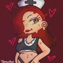 big_breast earring green_eyes hand_on_hip heart jessica_rabbit maid_outfit nurse_hat red_hair red_lipstick seductive_look sweatdrop t00n4urgolly tagme watermark who_framed_roger_rabbit