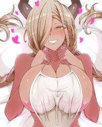 1girls alternate_costume azur_lane bed_sheet blonde_hair blush breasts clothed clothing excited female female_only gel_(guyver123) hair_over_one_eye hairclips happy heart horns huge_breasts looking_at_viewer official_alternate_costume on_bed owari_(azur_lane) owari_(shimmering_forsythia)_(azur_lane) sakura_empire_(azur_lane) sideboob solo tan-skinned_female tan_skin white_bed_sheet yellow_eye