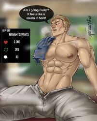 1boy 2023 bara bara_tits barazoku big_bulge blonde_hair bulge clothing dialogue english_text erection_under_clothes gay hi_res highres huge_bulge jujutsu_kaisen kento_nanami male male_focus male_nipples male_only manly muscular_male nipples penis_outline solo solo_male text yaoi yoruunsfw