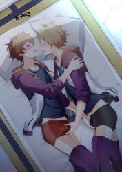 2boys absurdres blonde_hair blush boxer_briefs brown_eyes brown_hair bulge closed_eyes clothes_pull ensemble_stars! gay glasses highres hood hoodie jacket kindo looking_at_viewer male/male male_focus male_only male_underwear morisawa_chiaki multiple_boys open_mouth pants pants_pull penis_grab pillow red_eyes shirt short_hair simple_background source_request stomach t-shirt takamine_midori testicle_grab underwear yaoi