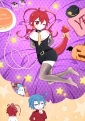 1boy 1girls antenna_hair belt belt_buckle blue_hair breasts breasts_out cake candy cedarresidents chains colored_skin funamusea halloween hat imagining jar lobco lobster_girl necktie pumpkin red_eyes red_hair roc_hijohshiki star_(symbol) wadanohara_and_the_great_blue_sea