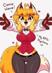 anthro big_breasts blush bowtie breasts fluffy fluffy_ears fluffy_tail fox fox_girl furry hips hug jasminthemanticore paws pogchamp smile thick_thighs thighs wholesome