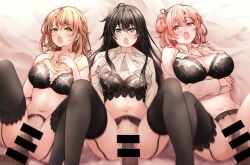 3boys 3girls alternate_breast_size bar_censor bare_shoulders bed_sheet black_bra black_hair black_thighhighs blonde_hair blue_eyes blush bra breasts brown_hair censored cleavage closed_mouth clothes_lift collared_shirt cowboy_shot crossed_arms female frown garter_belt ginger group_sex hair_bun hands_on_own_chest isshiki_iroha large_breasts lifted_by_self lingerie long_hair long_sleeves looking_at_viewer lying male medium_breasts medium_hair mosaic_censoring multiple_boys multiple_girls my_teen_romantic_comedy_snafu navel no_panties on_back on_bed open_mouth orange_hair orgy pale-skinned_female parted_lips penis petals pink_hair pink_shirt red_eyes red_hayao schoolgirl sex shirt shirt_lift short_hair short_sleeves single_hair_bun single_side_bun smile stomach straight teenager thigh_strap thighhighs underwear vaginal_penetration very_long_hair white_shirt yellow_eyes yellow_shirt yuigahama_yui yukinoshita_yukino