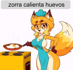 apron apron_only big_breasts blush breasts cooking egg fangs fluffy_ears fluffy_tail fox fox_girl furry hips jasminthemanticore smile spanish_text stove tail text text_box thick_thighs thighs