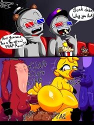 1girls 3boys bonnie_(fnaf) chica_(fnaf) classic_chica_(fnaf) dn28_art female five_nights_at_freddy's five_nights_at_freddy's_(film) foxy_(fnaf) freddy_(fnaf) male male/female movie_theater orgy tagme