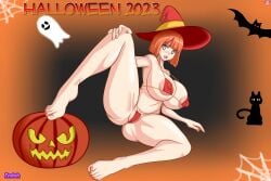 1girls alternate_breast_size big_breasts bob_cut breasts busty curvaceous curvy curvy_body curvy_female curvy_figure endoh69 female halloween huge_breasts large_breasts mcdonald's milf mom_(japanese_mcdonald's_commercial) mother orange_hair pumpkin red_bikini thick_thighs thighs voluptuous witch_hat yoru_mac