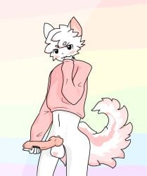 black_fingernails boykisser boykisser_(meme) canine_penis cropped_shirt f3mb0ykiss3r femboy furry gay heart_on_balls holding_penis knot long_penis looking_at_viewer pink_fur pink_shirt rainbow_background silly_cat_(mauzymice) solo white_fur