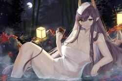 areolae_peeking bare_shoulders big_breasts crow_(oflotssa/k_cioara/lost_phews) demon_tail drink fangs female hot_spring indie_virtual_youtuber large_breasts long_hair looking_at_viewer lost-phews oni oni_horns onigiri_(vtuber) pointy_chin pointy_ears purple_hair solo spilled_drink succubus_tail tail thick_thighs thin_waist towel towel_only very_long_hair virtual_youtuber wallpaper water water_censor yellow_eyes