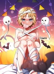 1girls areolae artist_name bandage bat blonde_hair breasts candy censored censored_pussy covered_nipples female ghost grey_eyes halloween halloween_costume hand_on_knee identity_v knees_together_feet_apart light-skinned_female light_skin lollipop lollipop_in_mouth looking_at_viewer mosaic_censoring mummy_costume mummy_wrappings nipples pumpkin pussy see-through short_hair sitting solo tempy/sseru thighs tracy_reznik