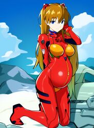 1girls ai_generated artist_request asuka_langley_sohryu big_belly female female_only inflated_belly inflation neon_genesis_evangelion neopn_genesis_evangelion plugsuit pregnant