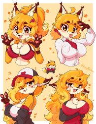 big_breasts blush breasts cap fox fox_girl furry hair_over_one_eye jasminthemanticore paws peace_sign salute suggestive_look tagme tie