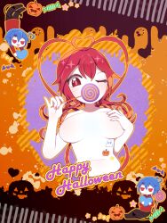 1boy 1girls antenna_hair blue_hair breasts breasts_out candy cedarresidents completely_nude completely_nude_female covering_one_breast funamusea ghost halloween heart lobco lobster_girl lollipop nude nude_female pumpkin red_eyes red_hair roc_hijohshiki star_(symbol) wadanohara_and_the_great_blue_sea