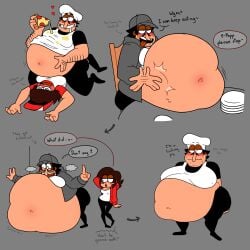 belly_bulge belly_button belly_grab belly_on_ground belly_on_table big_belly big_breasts big_pecs blush boy_on_girl boy_on_top breast_squeeze cartoony chef chef_hat chubby chubby_male confident_smile delivery_girl dirty_clothes dirty_clothing doodle drooling embarrassed embarrassed_male exaggerated fan_character fat_male feederism feeding female hand_on_belly heart hearts_around_head horny horny_male huge_ass huge_belly huge_breasts huge_hips huge_pecs hyper_belly hyper_fat knocked_out male male/female male_focus moobs moustache nipples nipples_visible_through_clothing oc_x_canon original_character patting_belly peppino_spaghetti pizza pizza_tower sitting_on_person stuffed_belly sweat sweatdrop text text_bubble tongue_out unrealistic_proportions