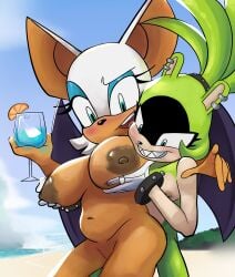 2023 2girls anthro areolae beach blush breasts brown_nipples dark_nipples digital_media_(artwork) fondling furry groping large_areolae large_breasts nude pierced_nipples piercing rouge_the_bat sin-buttons_(artist) small_breasts sonic_(series) sonic_the_hedgehog_(idw) sonic_the_hedgehog_(series) surge_the_tenrec yuri