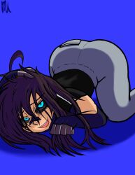 ass ass_up bending_over bent_over big_ass big_butt black_sclera blue_background blue_eyes brown_hair cyberpunk cyberpunk:_edgerunners cyborg face_down_ass_up female mayauprising original_character smile sweatpants