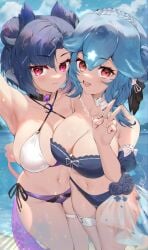 2girls armpits bao_(vtuber) beach big_breasts blue_bikini blue_hair choker cleavage crow_(oflotssa/k_cioara/lost_phews) deep_cleavage dragon_girl dragon_horns dragon_tail flower high_resolution highres horns indie_virtual_youtuber large_breasts lost-phews peace_sign purple_bikini_bottom red_eyes side_tie_bikini sideboob skindentation swimwear tail thigh_strap two_tone_clothing vienna_(vtuber) virtual_youtuber whale_girl whale_tail white_bikini_top