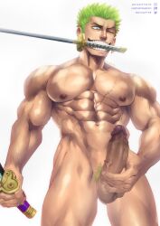 1boy abs balls bara big_balls big_muscles big_pecs big_penis chest_scar erection eye_scar gay green_hair hair human hunk male male_only masturbation muscular muscular_human muscular_male navel nipples nude one_piece pecs penis pubes roronoa_zoro scar signature solo soynutts sword sword_in_mouth yaoi