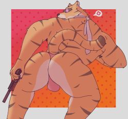 absurd_res anthro bulge captain_laserhawk:_a_blood_dragon_remix clothing felid gun hi_res holding_gun holding_object holding_weapon looking_at_viewer male mammal pantherine ranged_weapon rear_view solo thong tiger tiger_(captain_laserhawk) uhotdog underwear weapon