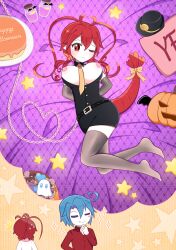 1boy 1girls antenna_hair belt belt_buckle blue_hair breasts breasts_out cake candy cedarresidents chains colored_skin funamusea halloween hat imagining jar lobco lobster_girl necktie pumpkin red_eyes red_hair roc_hijohshiki star_(symbol) wadanohara_and_the_great_blue_sea