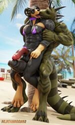 abs anthro beach biceps bikini clothing dominic_pepe_(drboumboom32) drboumboom32 duo erection french_kissing frottage genitals hi_res humanoid iguanid interspecies kissing lizard male male/male muscular muscular_male pecs penis raiden_(raidens_claws) reptile scalie seaside sex size_difference swimwear tail tattoo triceps valorlynz