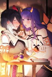 2girls assertive assertive_female bikini black_hair blush breasts cleavage demon demon_girl demon_horns erect_nipples eye_contact female female_only genshin_impact halloween halloween_costume heart imminent_kiss kujou_sara large_breasts nervous nipples open_mouth purple_eyes purple_hair raiden_shogun sideboob spread_legs yuri